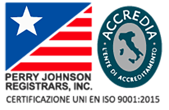 Logo di Perry Johnson Registrars, Inc. e logo Accredia con certificazione ISO 9001:2015.